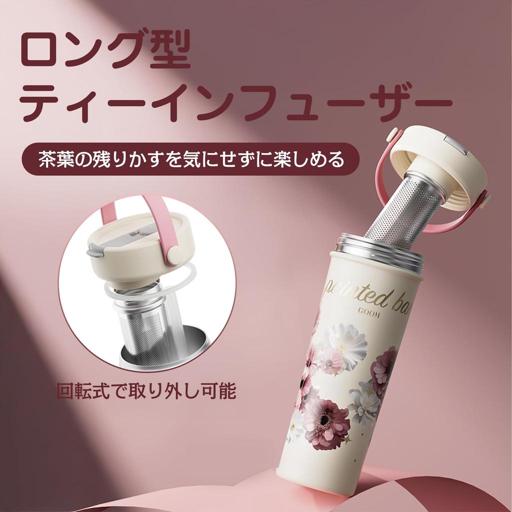 GOOM 600ml Insulated Water Bottle with 316 Stainless Vacuum Strap Tea Strainer Handwritten Stylish for Outdoors and Sports Lid, Steel, Straw,