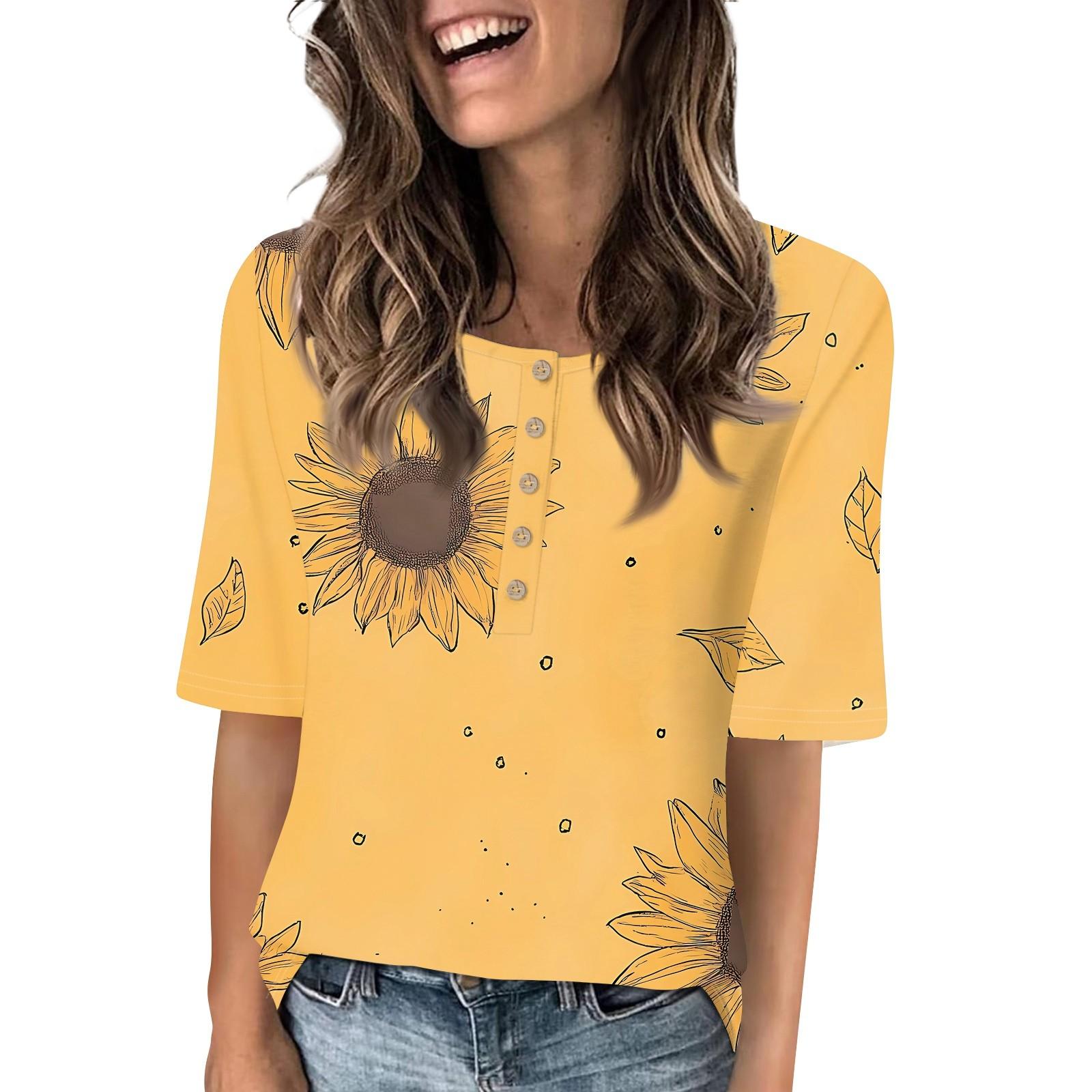 

Рубашки для женщин, модные футболки с круглым вырезом и пуговицами, блузки с принтом, топы с коротким рукавом для женщин S оранжевый