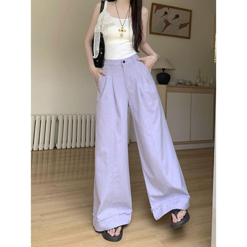 Kumikumi Idle Style Purple Casual Pants Loose Pants Women Fall High Waist Baggy Straight Trousers Mop Pants Pants