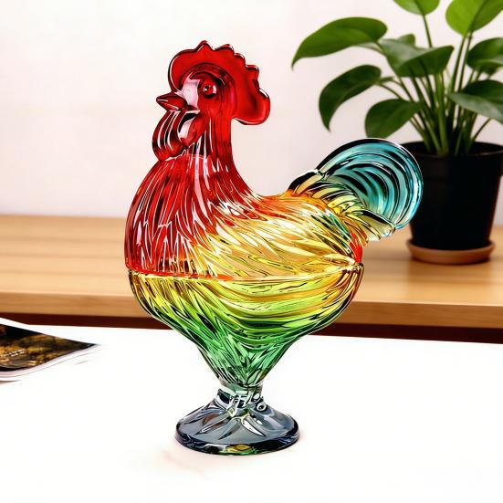 Glas Hahn Bonbonglas mit Deckel Handgefertigt Buntglas Snackschale Dekorative Obstschale für Süßigkeiten Nüsse Heim Wohnzimmer Dekor