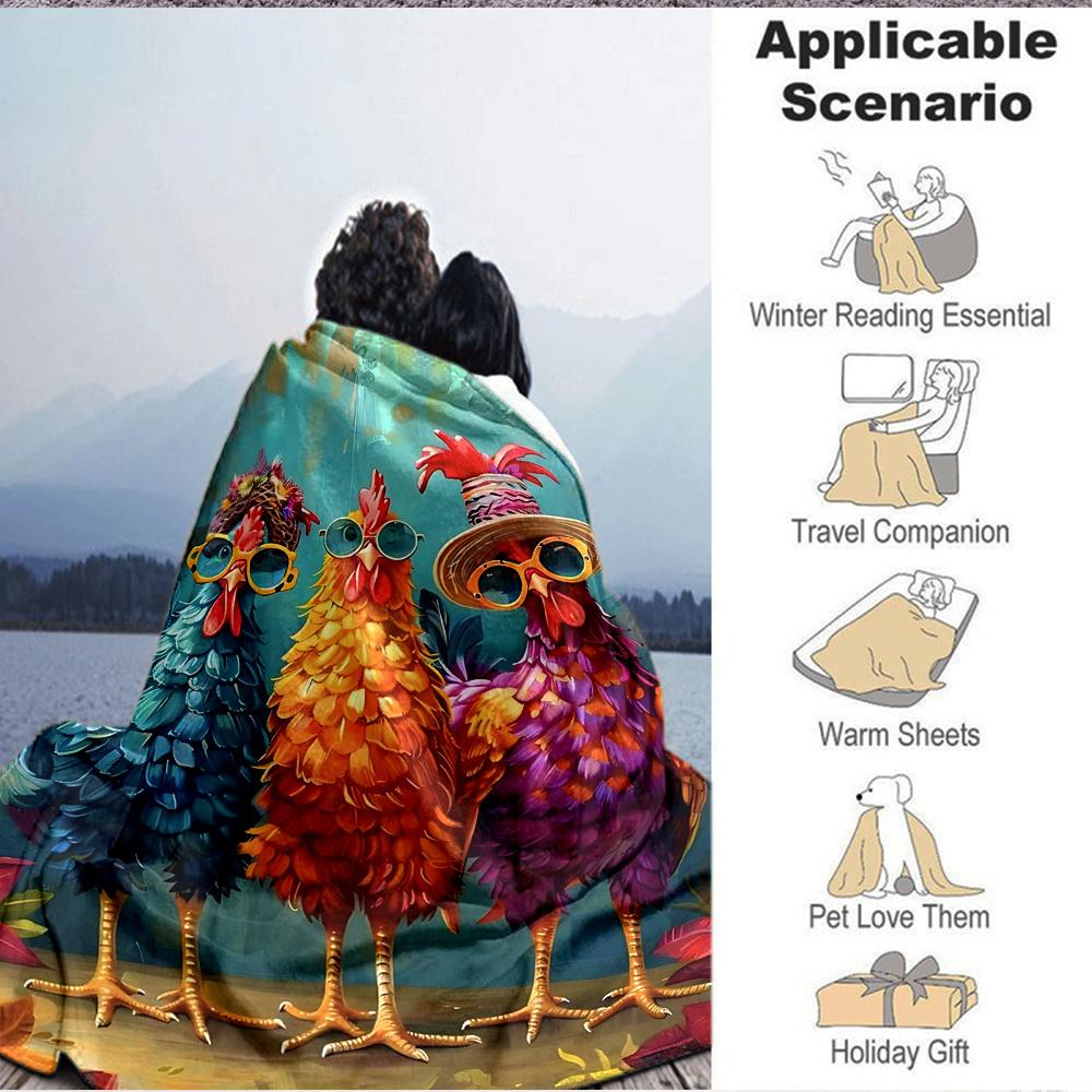 1pc Chickens Cartoon Pattern Print Blanket - Lightweight Flannel Throw Blanket For Sofa, Bed, Living Room, Office, Outdoor Travel, Camping, Soft