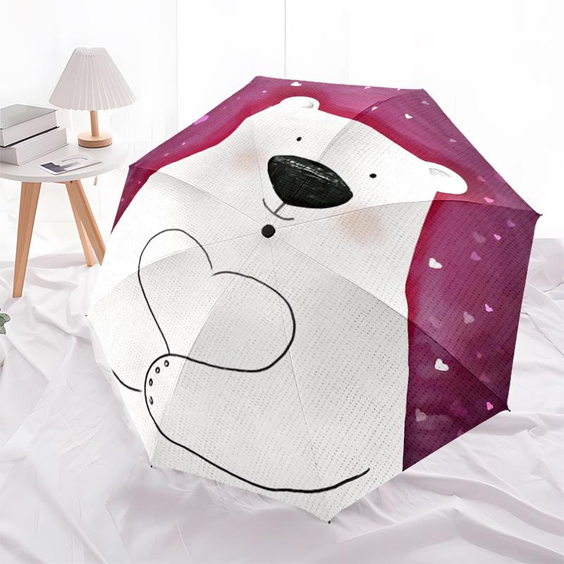 1pc Polar Bear Heart Automatic Folding Umbrella, 8-Rib Durable Iron Frame, Compact Travel Umbrella for Women & Men097