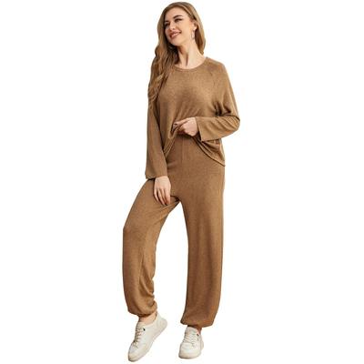 Schlafanzug für Damen, 2-teilig, Rundhalsausschnitt, Langarm, Hemden, Jogginghose, Herbst/Frühling, Schlafanzug, Braun, lässig, lockere Kleidung