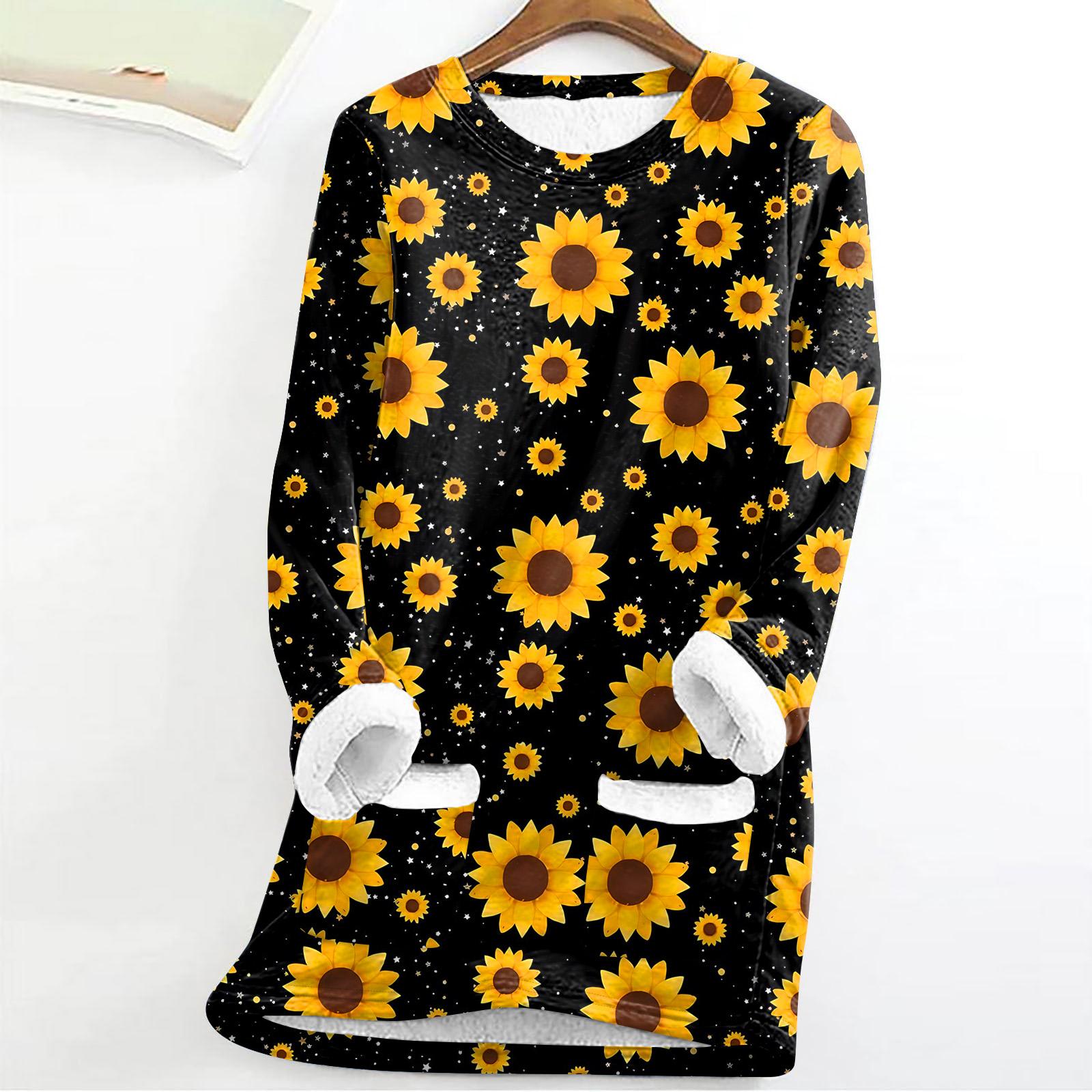 

Женский модный плюшевый теплый пуловер с длинным рукавом и круглым вырезом, с принтом подсолнухов, для зимы L