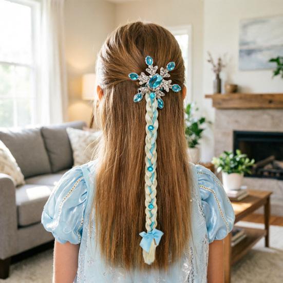 Kids Ponytail Extension with Hair Tie Rhinestone Snowflake Bow Halloween Costume Party Girls Wrap Around Synthetic Long Ponytail Hair Extension