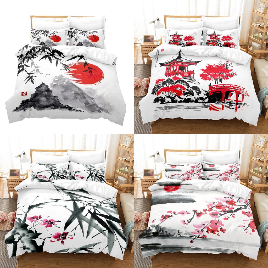 New Cross-border Chinese Style Ink Painting Digital Printing Flannel Bedding Set