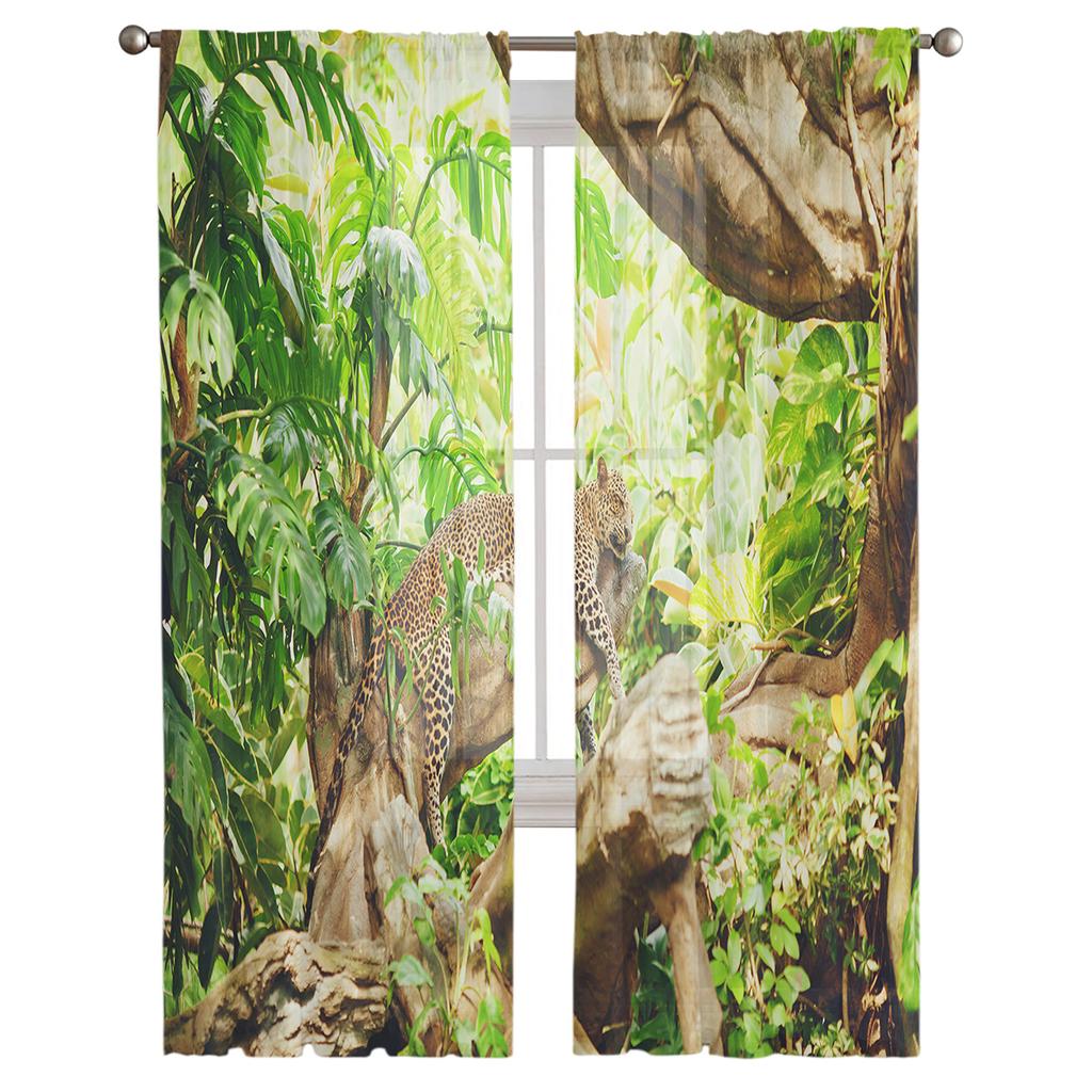 Tropical Rainforest Cheetah Jungle Leopard Green Sheer Curtains for Living Room Bedroom Decor Window Voile Tulle Curtain Drapes