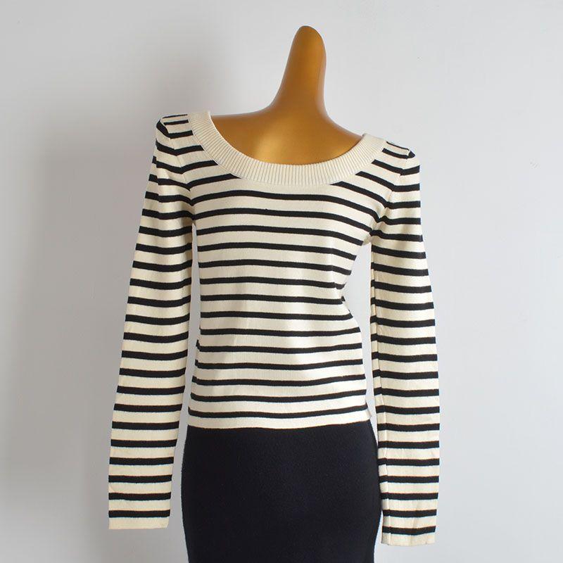 French style New Contrast Color Stripe U Collar Open Collarbone Pullover Knit Women Autumn and Winter Loose Bottoming Shirt Long sleeve Top