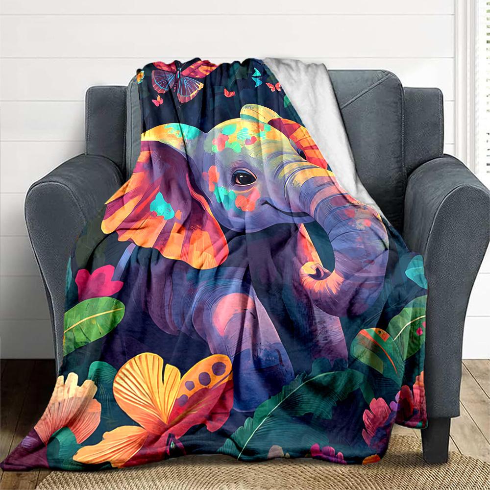 1pc Elephant Print Blanket Lightweight Flannel Blanket Throw Blanket For Sofa, Bed, Travel, Camping, Livingroom, Office, Couch, Chair, And Bed yy25101 100x150cm