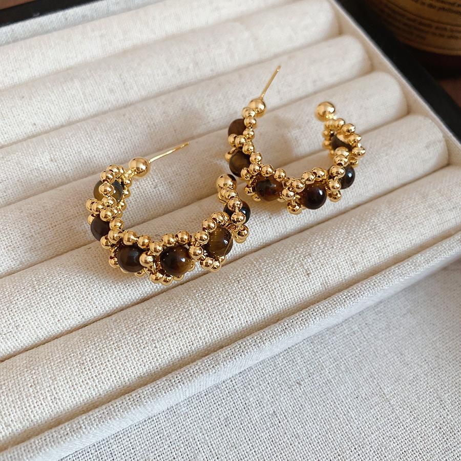 Tiger's eye geometric round earrings Maillard style stud earrings niche design earrings