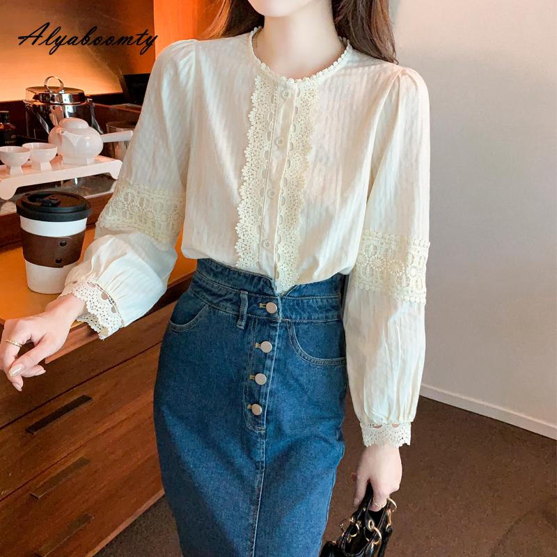 Korean Style Spring Autumn Women Elegant Lace Blouse O Neck Loose Hollow Out Blouse Long Sleeve Feminine Ladies' Blouse