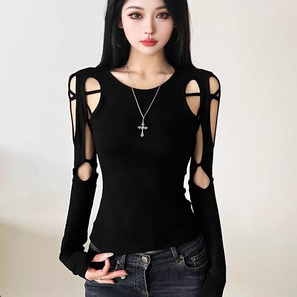 Bottom shirt hollow design niche off-shoulder top feeling slim Spice Girl new thin sexy T-shirt spring and autumn