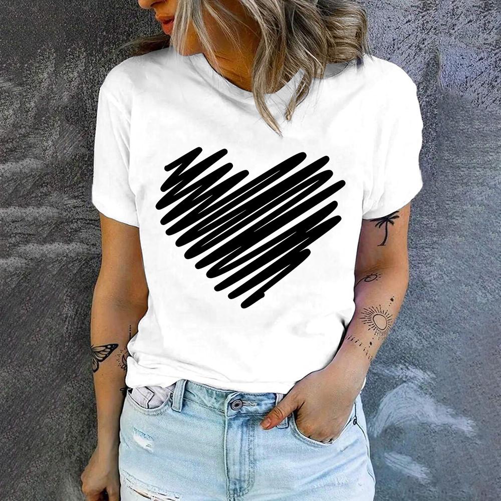 Hochwertiges, modisches T-Shirt mit Rundhalsausschnitt und kurzen Ärmeln, für den Sommer, neues, lockeres T-Shirt mit Herz-Print, elegantes, lässiges, bequemes Damen-T-Shirt