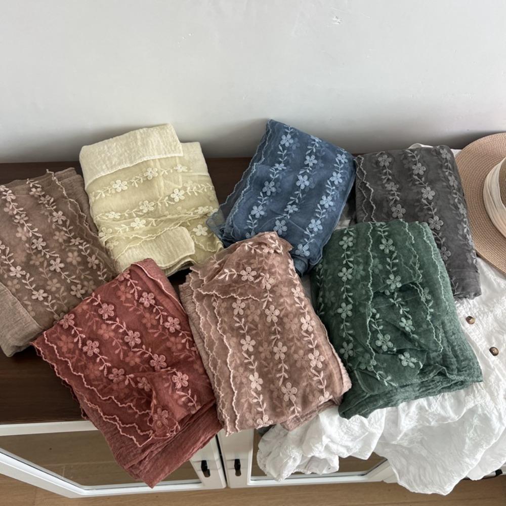 Écharpe Longue en Gaz de Coton et Lin, Châle et Étole, Écharpe Élégante Patchwork de Dentelle pour Femmes