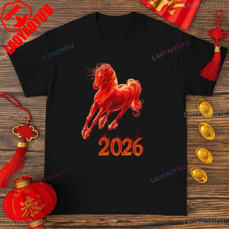 2026 Creative Fire Horse Chinese New Year Racing Gift for Vets  Equestrian of The Graphic Illustration Tops Tee Cotton Shirt