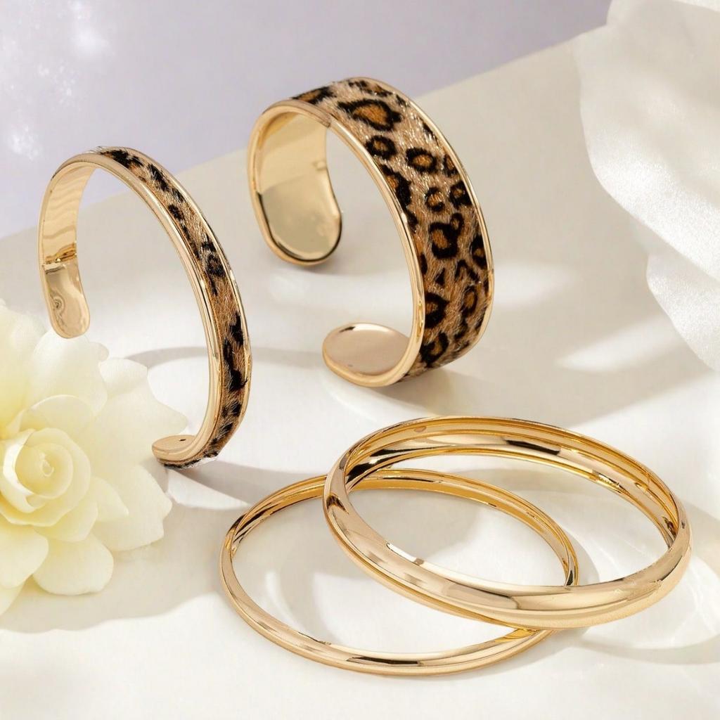 4PCS Spice Girl Sweet and Cool Leopard Print Bracelet Glossy Stacked Bracelet Set Street Trend Niche Jewelry
