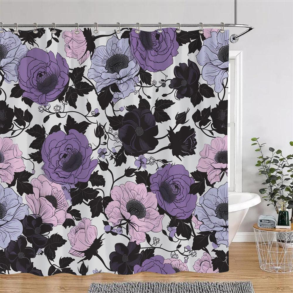 Pretty Roses Shower Curtain Mysterious Purple Flower Butterfly Valentine's Gift Polyester Bath Curtain Bathroom Decor with Hooks