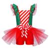 Sequins Candy Cane Stripe Tulle Dress for Girls Ruffle Sleeves Bowknot Built-in Shorts Christmas Stage Theme Party Costume