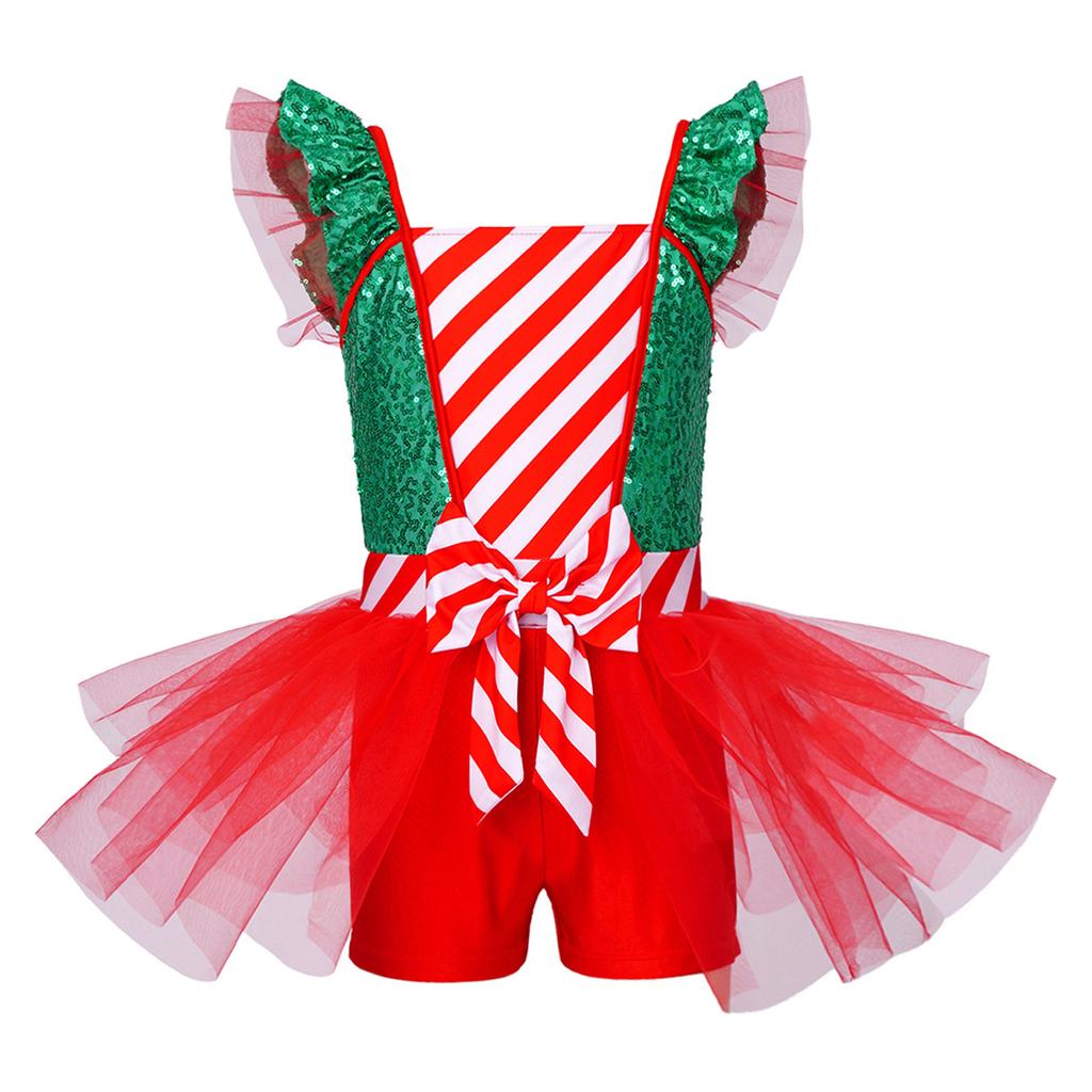 Sequins Candy Cane Stripe Tulle Dress for Girls Ruffle Sleeves Bowknot Built-in Shorts Christmas Stage Theme Party Costume