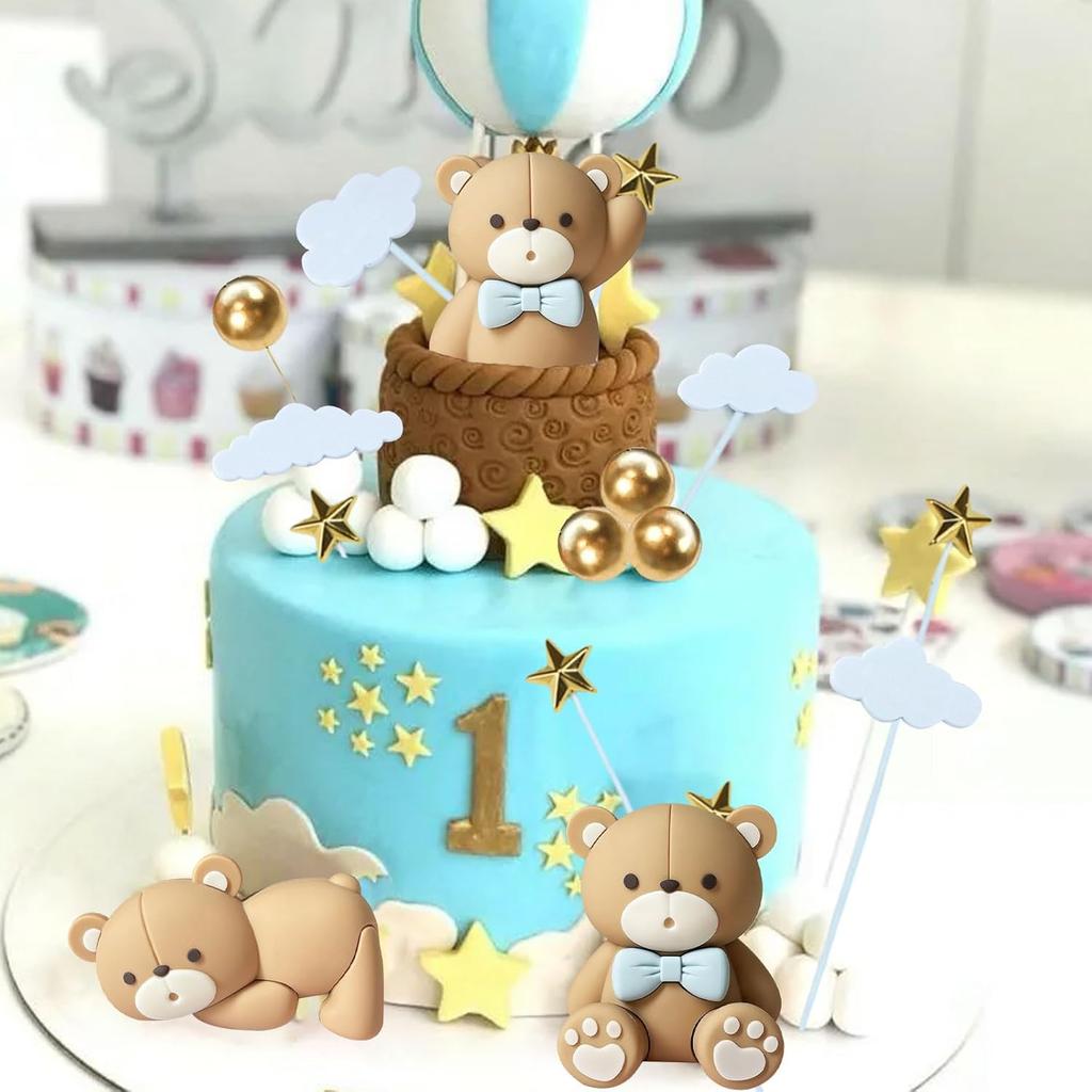 19 PCS Mini Brown Bear Cake Decoration Beige Balls Cake Topper Decoration for Birthday Party Decorations