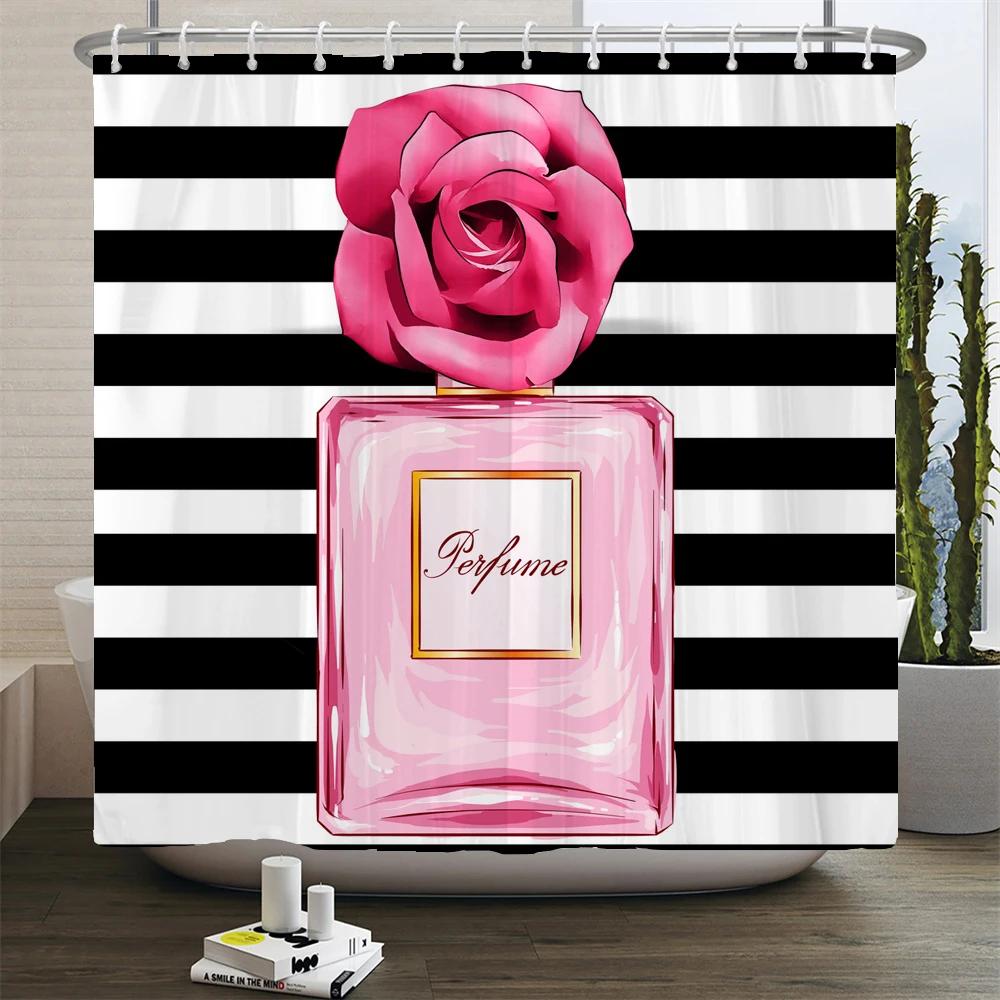 Perfume Bottle Flower Shower Curtain Set Black White Stripes Fashion Girl Woman Bathroom Decor Polyester Bath Curtains Hooks