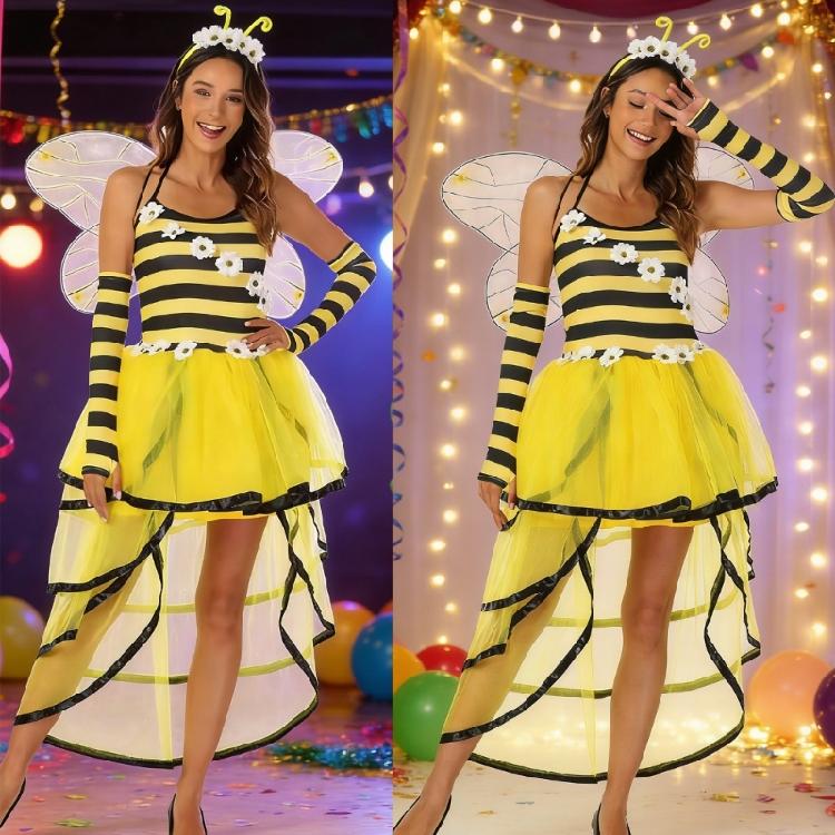 4Pcs Bees Costume Kits Adult Honeybee Costume Bees Tentacle Headband Tutus Dress Bees Wing for Halloween Cosplay Party