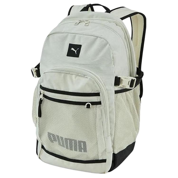 Puma Solid Color Simple Versatile Logo Print Zipper Closure Fabric Backpack Unisex Backpack Gray White 091872-02