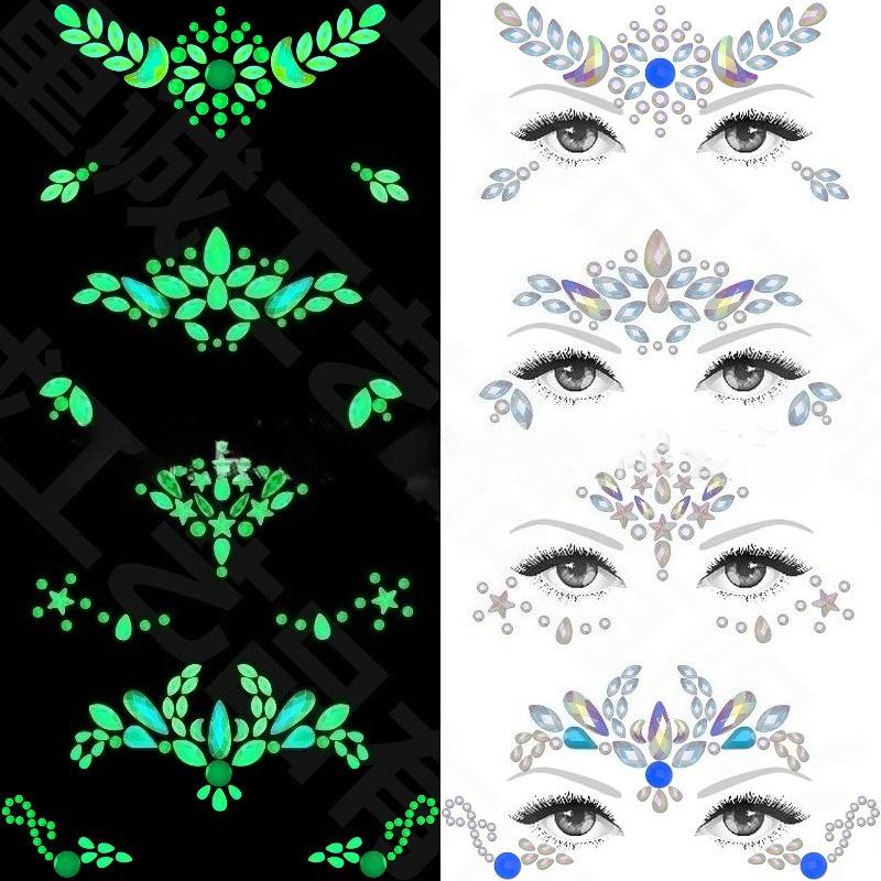 New Diamond Face Stickers Luminous European and American Halloween Face Tattoo Stickers Explosive Eye Stickers Eyebrow Stickers 4 Combinations