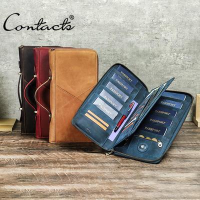 CONTACT'S Genuine Leather Men Handbag Passport Cover Card Holder Pen Slot Family Travel Passport Clutch Bag