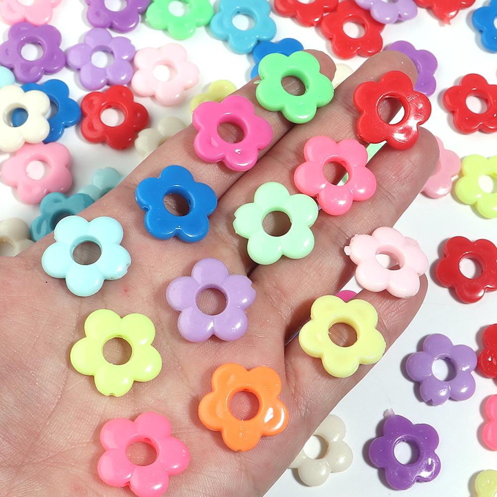 50Pcs Hollow Out Five Petal Flower Plastic Colorful Large Hole Plum Blossom Bead Charm for Hair Clips Earring Jewelry   Findings