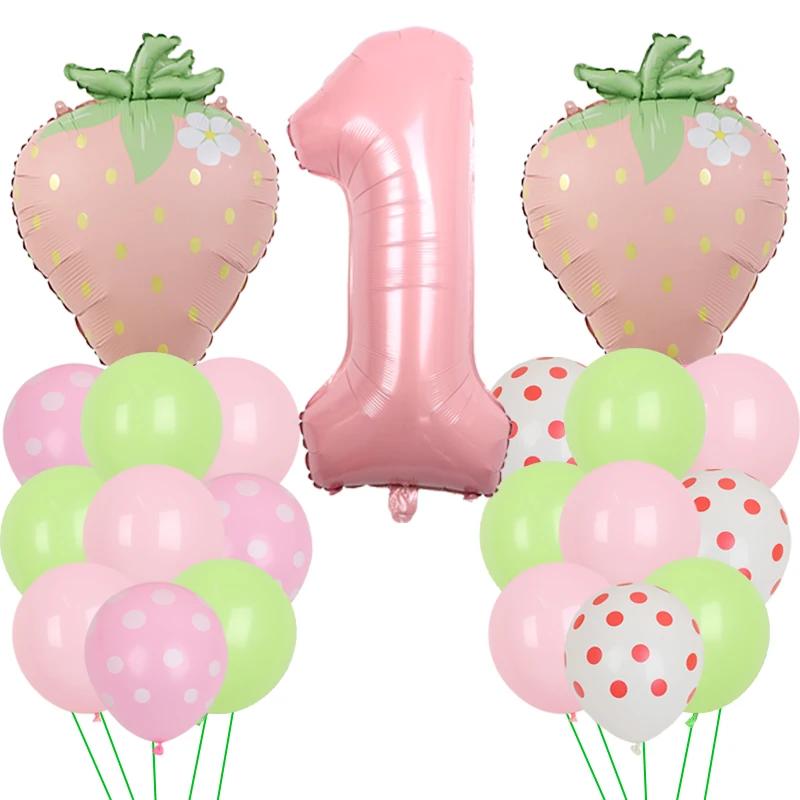 Fruit Strawberry Flower Foil Balloons with 40inch Pink Number Balloon Berry First Birthday Girl Sweet Summer Party Supplies