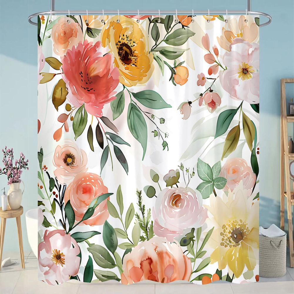 Botanical Flower Shower Curtain Colourful Flowers Green Leaves Watercolour Art Creative Polyester Shower Curtains Bathroom Dec