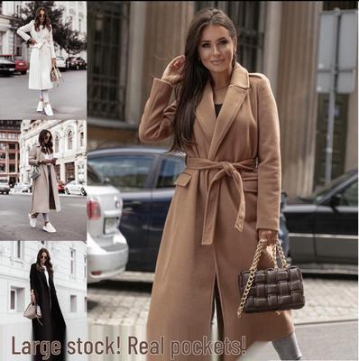 Wollmantel mit V-Ausschnitt zum Binden 2025: Herbst/Winter Langärmelige Damenmode