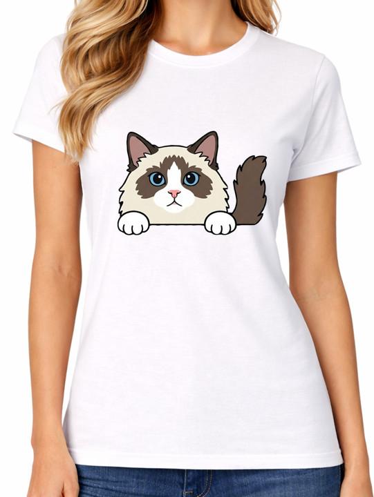 Ragdoll Peeking Cat T-Shirt Cute Blue Eyed Kitty Pet Lover Womens Tee L