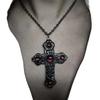 Gothic Retro Inlay Red Opal Large Cross Pendant Necklace for Women Halloween Party Vampire Collar Chain Jewelry Accessories Gift