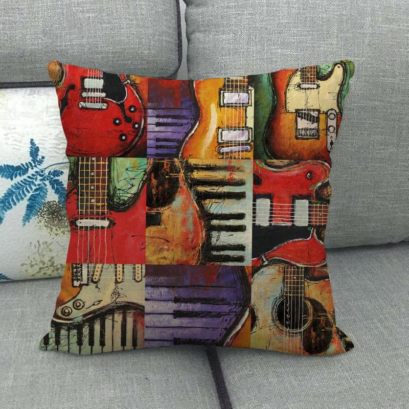 Vintage musical instrument watercolor guitar Digital printing short plush pillow covers for car sofa office cushion cover