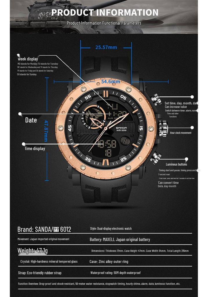 Relógio Esportivo Luminoso Multifunção com Duplo Display Masculino Sanda - À Prova d'Água e Ideal para Aventuras ao Ar Livre