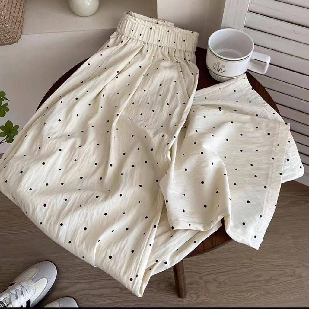 Summer Polka Dot Wide-Leg Yamamoto Pants: Women's Loose, Slimming, Drapey, Floor-Length Casual Pants
