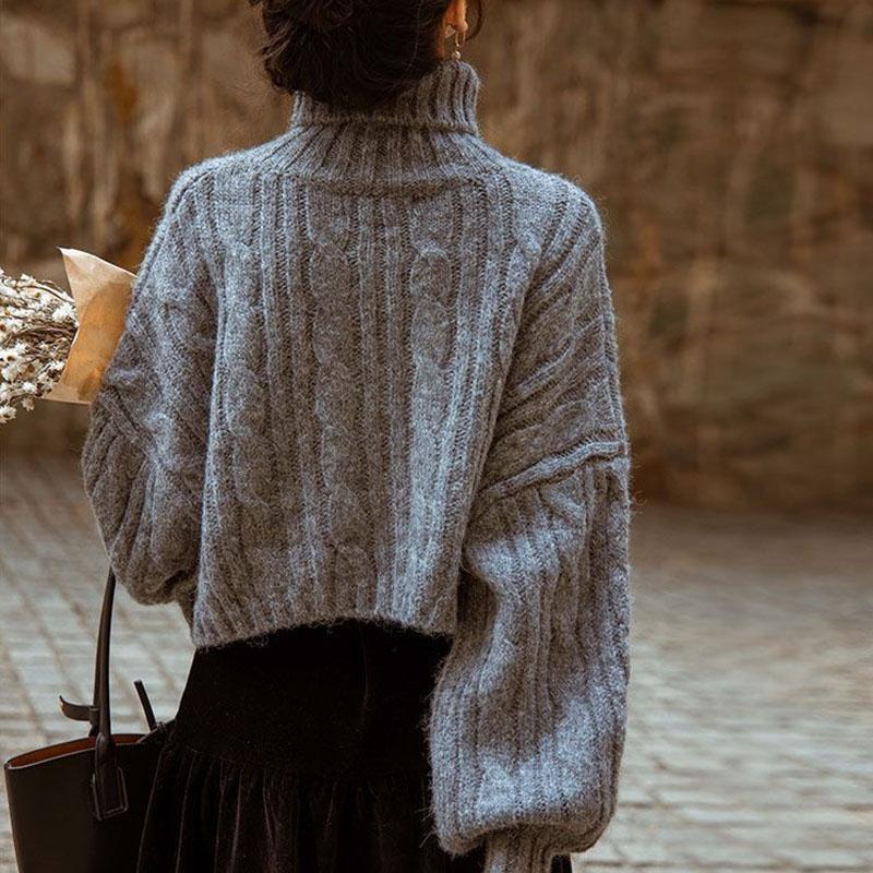 Fried Dough Twists svetr s vysokým výstřihem dámský krátký retro korejský volný vysoký pas tenký šedý pletený svetr svetr top