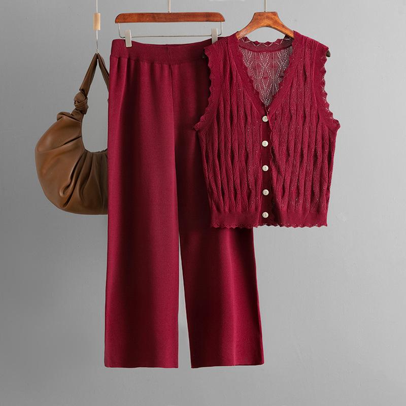 Summer Simple Cardigan Loose Sleeveless Knitted Vest Set Wide Leg Pants Knitted Two-piece Set For Women