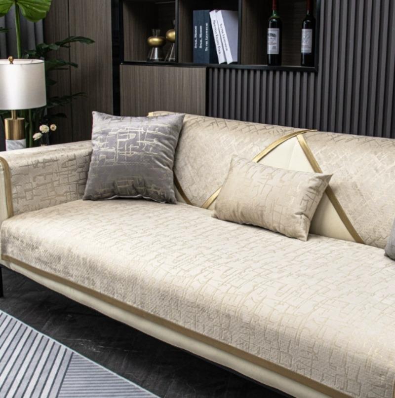 Luxury Embroidery Velvet Sofa Cover for Living Room, Non-Slip, Stamping Stripes, Cushion Mat, Sofa Towel, Home Couch Decor