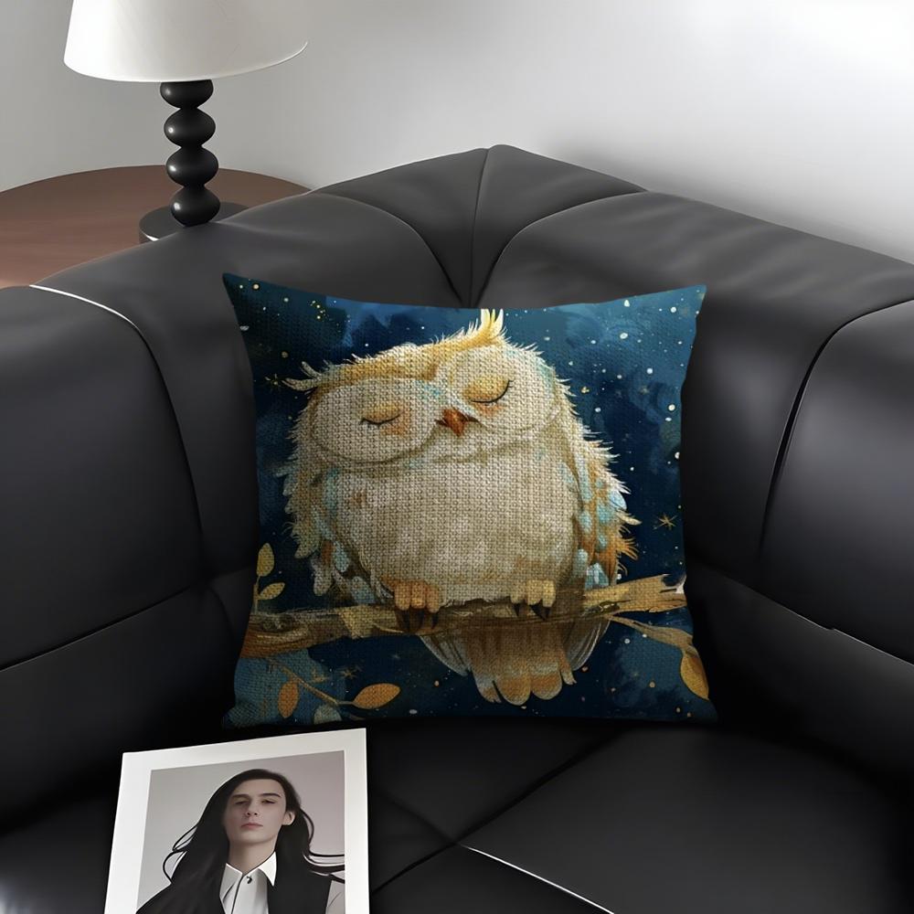 Owl Painting Cushion Cover Natural Linen Organic Fabric Double-Sided Printing Sofa Home Decor Gift Pillow Case