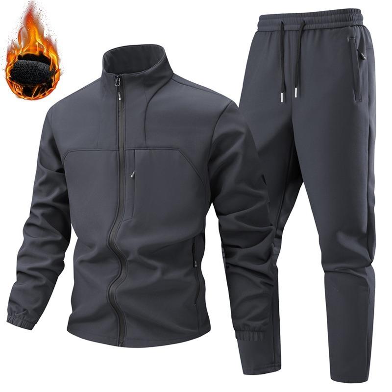 Zimní pánské outdoorové fleecové sportovní soupravy Tepláková souprava Pánské sportovní oblečení Hrubé turistické soupravy Pánské tepláky S kapucí Oblek Bunda Kalhoty 2 kusy