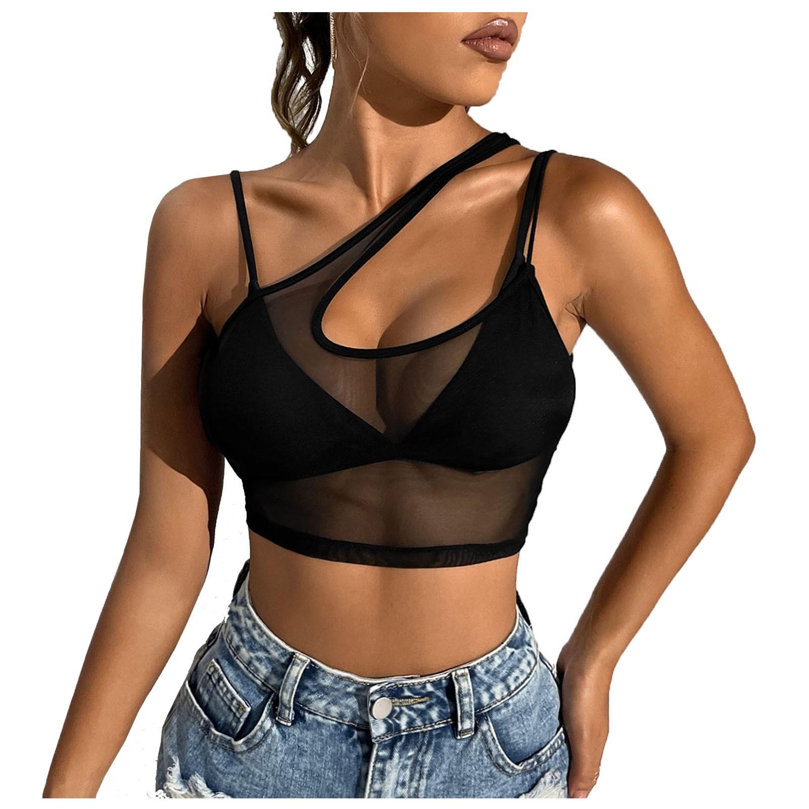 Women s Sexy Lace Strap Mesh Tight Irregular Shoulder Tank Lace Top M чёрный