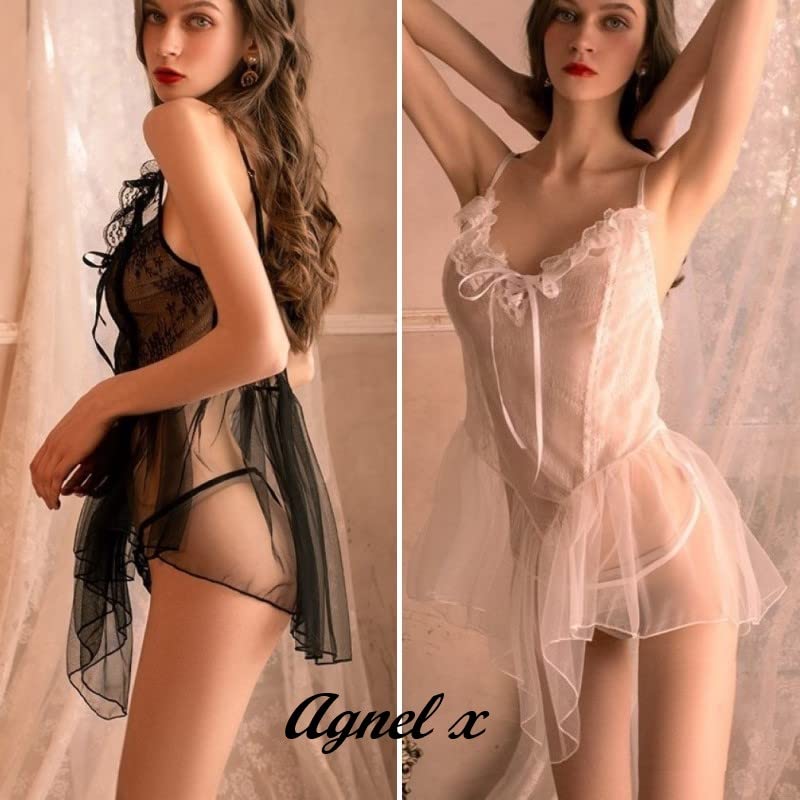 Sexy Lingerie Inner Underwear Nightwear One Piece Setup X029 [Agnel x] See-Through Women's (Black, Free)