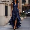 Neues Satin-V-Ausschnitt-Ärmelloses Kleid mit Taillensitz und Blumenmuster, Rüschen, für Damen