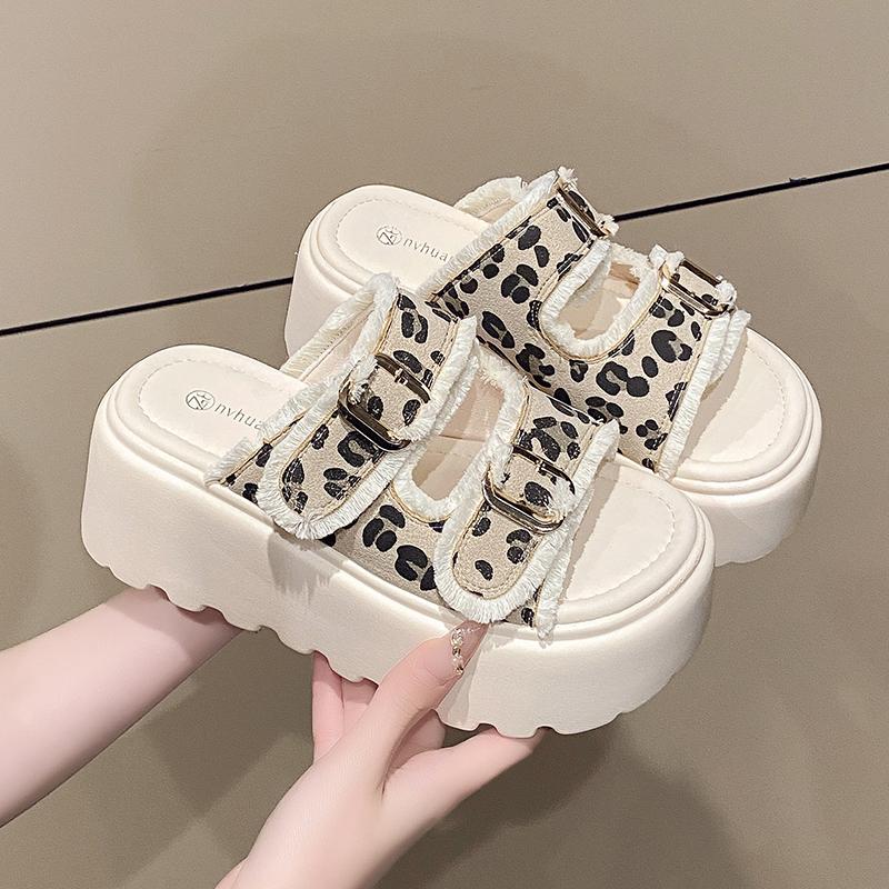 

Fashion Aphixta 7.5cm High Heels Platform Sandals Slippers Women Slides Woman Shoes Wedge Slippers Buckle Beach Slides Shoes 34 бежевый