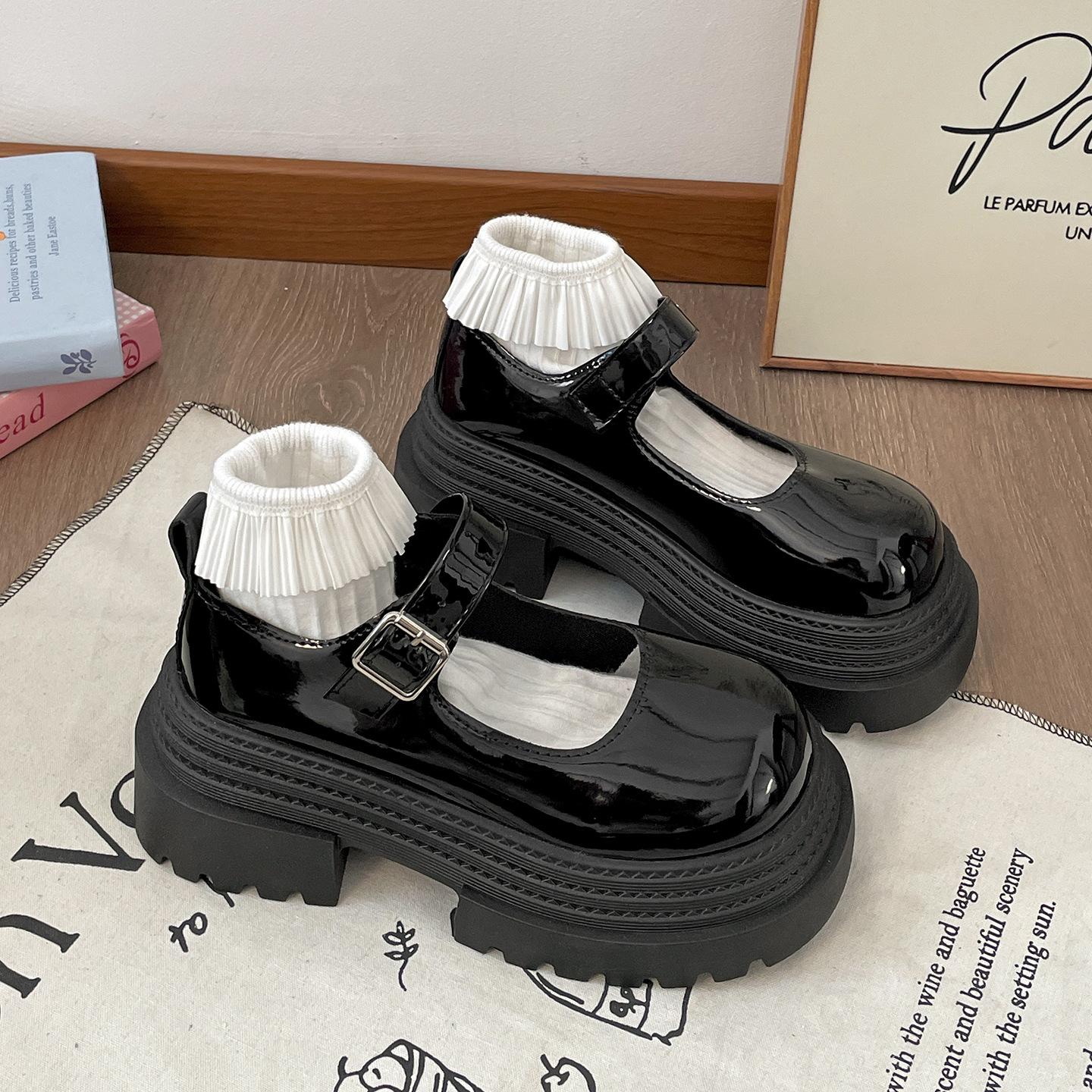 

Черные французские британские туфли на платформе, увеличивающие рост, из маленькой кожи, женские, новые летние 2025 года, на толстом каблуке, с открытым мыском, Мэри Джейн, одинарные туфли 40