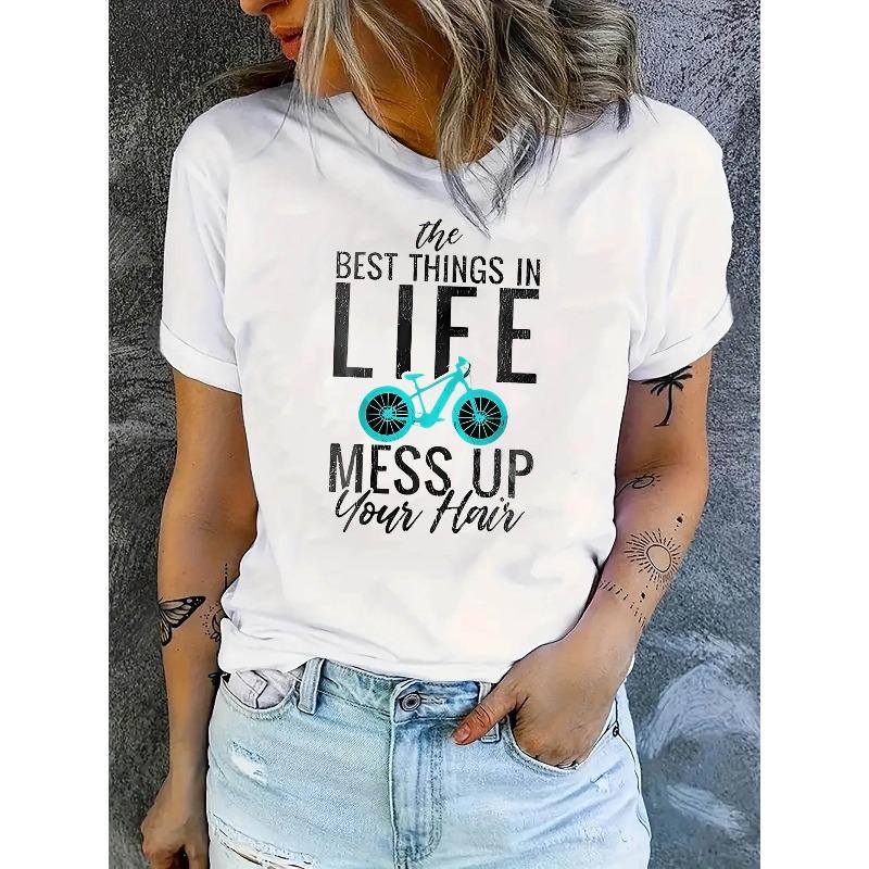 

Европейские размеры Женская - Тематическая футболка с коротким рукавом - Принт и надпись BICYCLE, Повседневный топ с круглым вырезом, Дышащая, для всех сезонов S белый