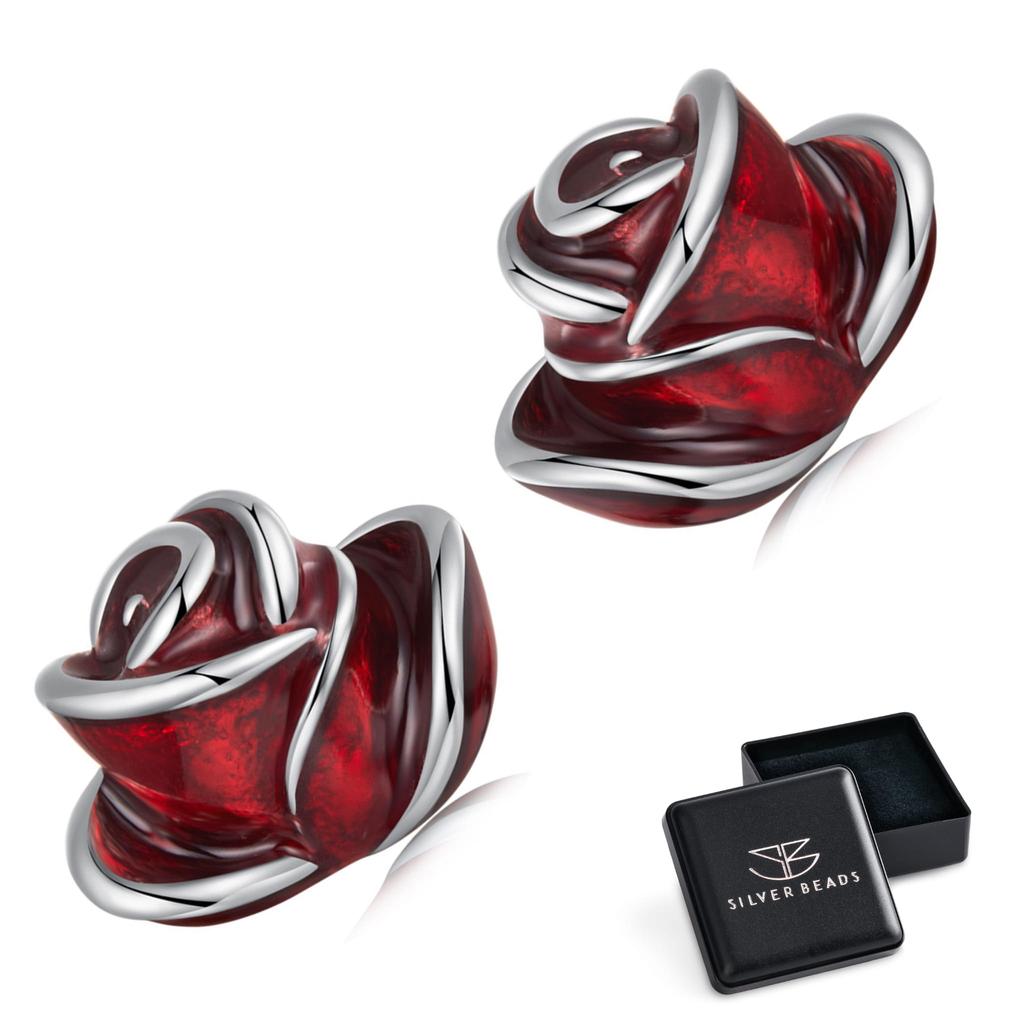 Silver Earrings Red Roses Studs Silver 925